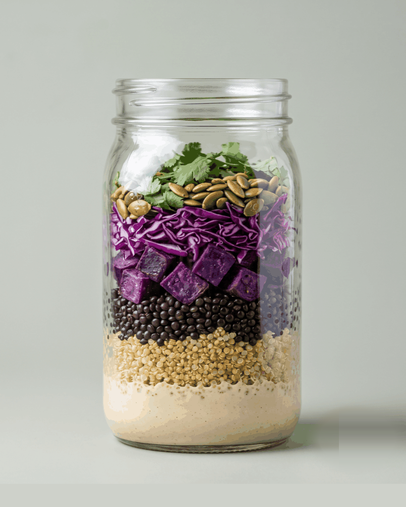 Black lentils, quinoa, roast purple sweet potato, lime-massaged cabbage. Violet to gold, in strata.