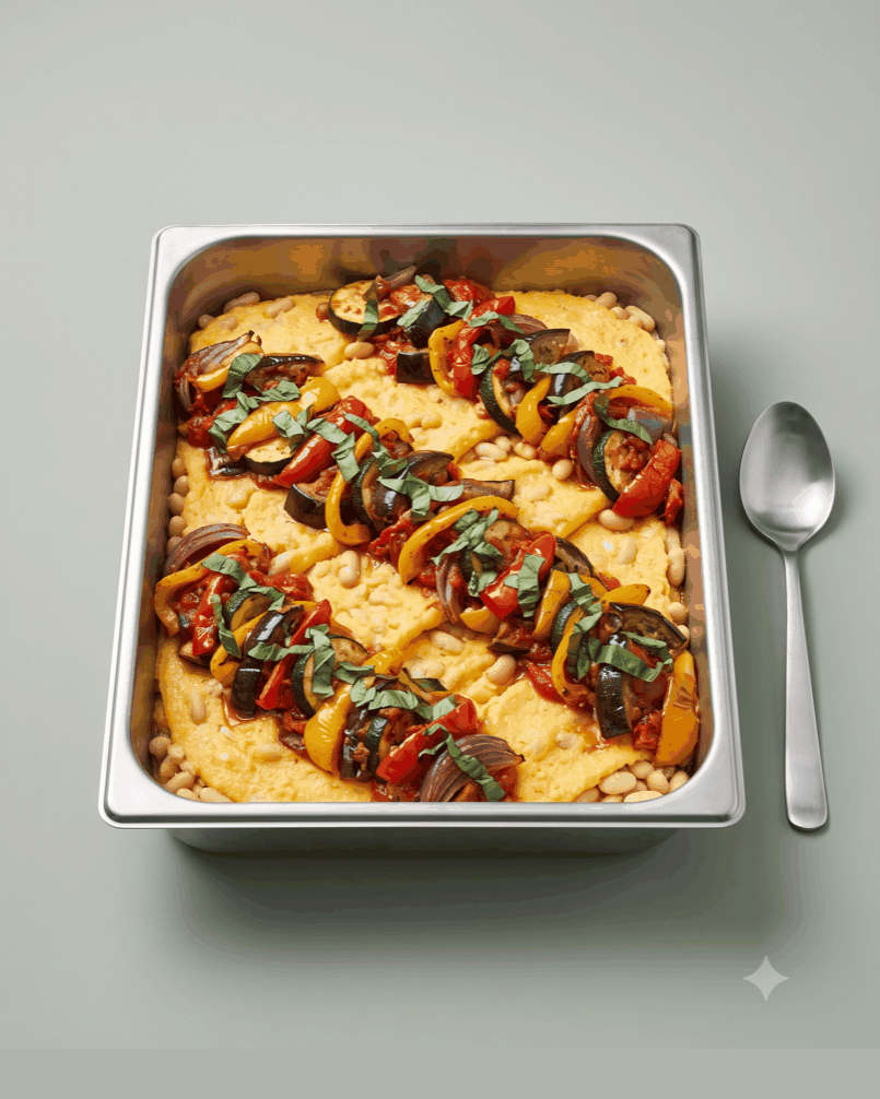 Roast eggplant, zucchini, peppers over slow polenta folded with white beans and parmesan.